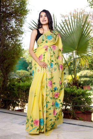 Pure maslin silk saree with traditional hand paint work - 53288
