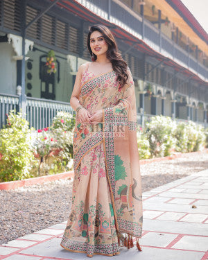 Soft linen cotton saree with kalamkari digital printed work - 45946