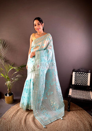 Fancy organza silk saree with embroidery work - 40963