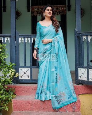 Floral digital printed linen cotton saree - 44090