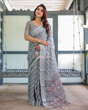 Digital printed linen cotton saree - 44827