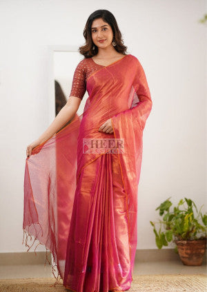 Premium pink tissue silk saree with embellished look - 48634