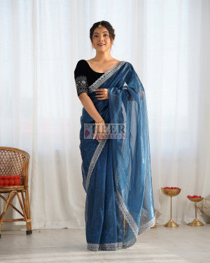 Soft twill net saree with rich gold zari work border- 61193