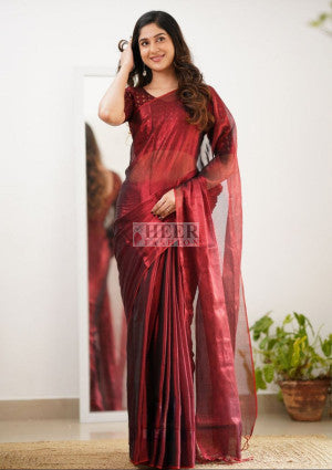 Premium Maroon tissue silk saree with embellished look - 48627