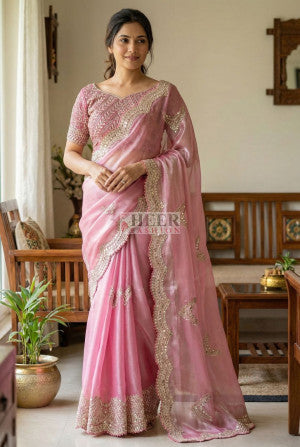 Fancy jimmy choo saree with embroidery work - 55253