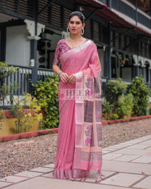Soft linen cotton saree with digital printed work - 45922