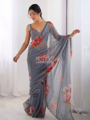 Georgette saree with printed work and moti border - 50679