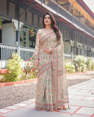 Soft linen cotton saree with kalamkari digital printed work - 45947