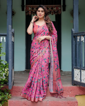 Floral digital printed linen cotton saree - 44122