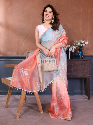 Soft crush silk saree with fancy sparrow embroidery work - 58452