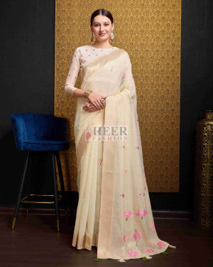 Floral weaving linen cotton saree with zari border - 43864