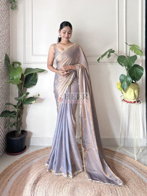 Bollywood fancy satin silk saree with sequence lace border - 61438