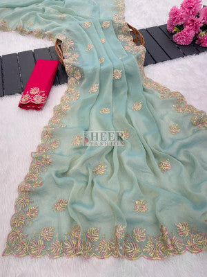 Fancy chiffon silk saree with embroidery and sequence work - 58208