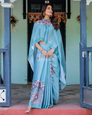 Fancy satin georgette ready to wear saree with freehand printed work - 46775