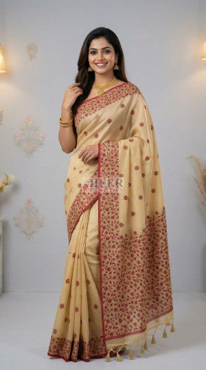 Khadi raw silk saree with jamdani weaving border - 54308