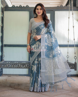 Digital printed linen cotton saree - 44826