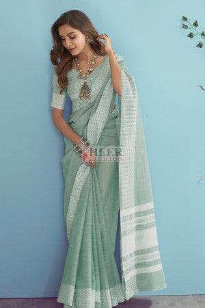 Soft linen silk saree with chikankari weaved border - 60471