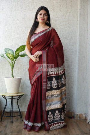 Pure linen cotton saree with kalamkari hand block bagru printed work - 54832