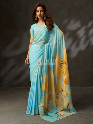 Georgette silk saree with flower digital printed work - 54282