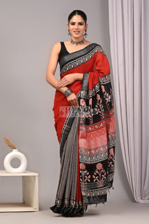 Pure linen cotton saree with hand block bagru kalamkari printed work - 57645