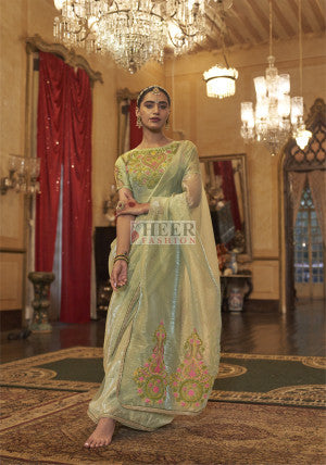 Gold soft tissue silk saree with multi thred embroidery work - 58859