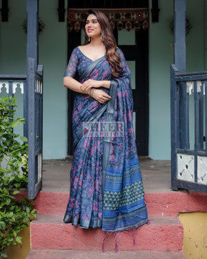 Floral digital printed linen cotton saree - 44093