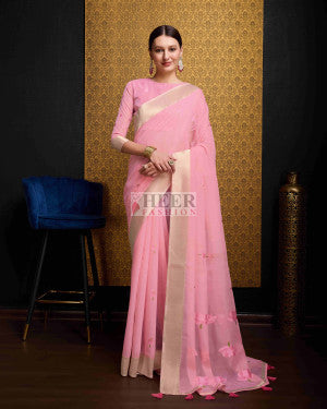 Floral weaving linen cotton saree with zari border - 43863