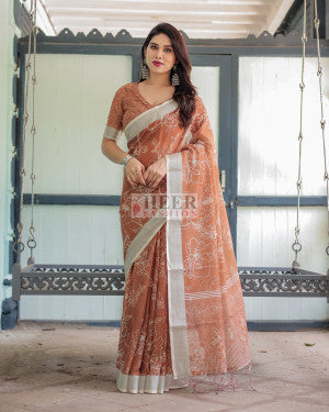 Digital printed linen cotton saree - 44823