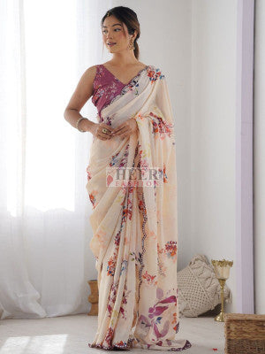 Georgette saree with printed and mirror work with arco border - 50542