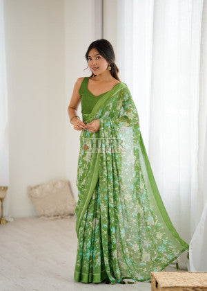 Linen cotton saree with flower digital printed work - 50884