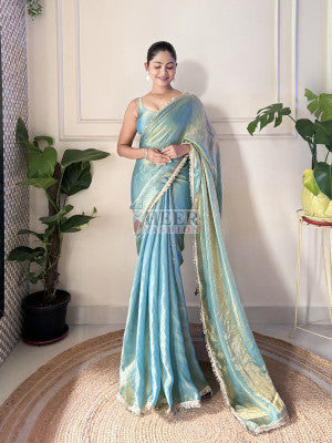 Bollywood fancy satin silk saree with sequence lace border - 61440