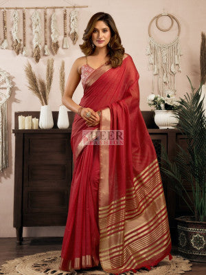 Khadi cotton saree with brocade blouse and zari zhallar border work - 60258