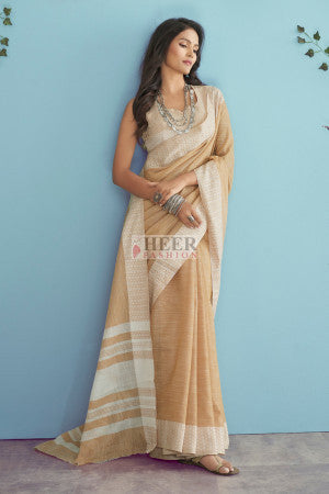 Soft linen silk saree with chikankari weaved border - 60469