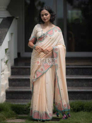 Mix plain linen cotton saree with digital printed work - 54402