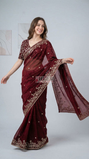 Fandy chiffon silk saree with sequence work and cut work border - 52987