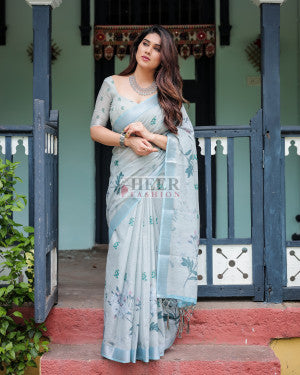Floral digital printed linen cotton saree - 44088