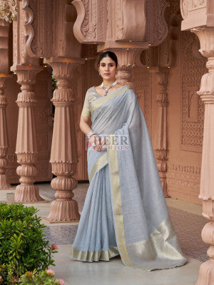 Sequence linen silk saree with zari weaving work - 59004