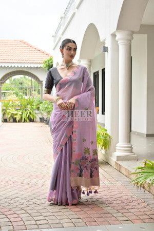 Chanderi cotton saree with classic resham weaving flower pallu and flower weaving border - 54530