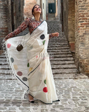 Plain linen cotton saree with digital printed work - 57246