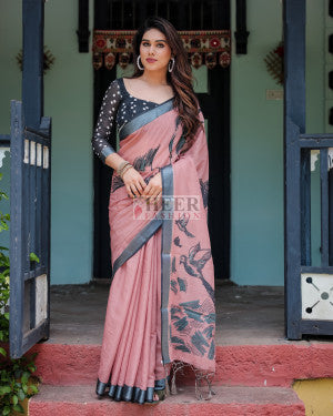 Floral digital printed linen cotton saree - 44089