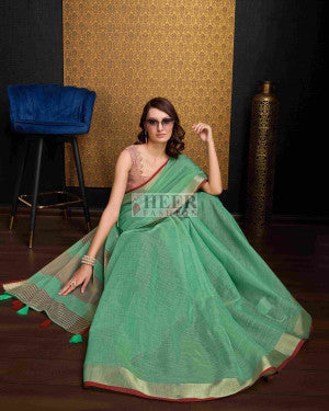 Linen cotton saree with silver zari border - 43855