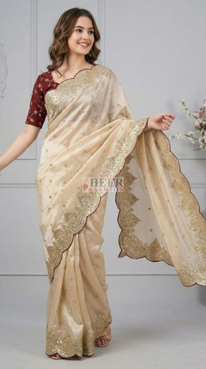 Fancy jimmy choo satin silk saree with sequence work and Ready - 55096