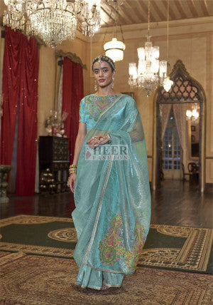 Gold soft tissue silk saree with multi thred embroidery work - 58867