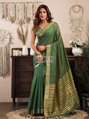 Khadi cotton saree with brocade blouse and zari zhallar border work - 60262