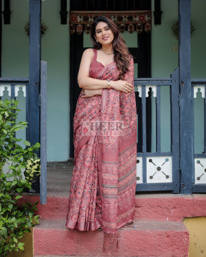 Floral digital printed linen cotton saree - 44120