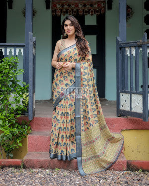Floral digital printed linen cotton saree - 44124
