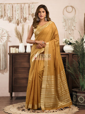 Khadi cotton saree with brocade blouse and zari zhallar border work - 60261