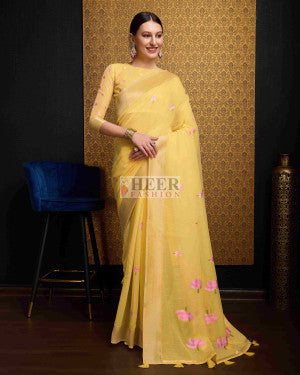 Floral weaving linen cotton saree with zari border - 43865