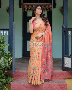 Floral digital printed linen cotton saree - 44119