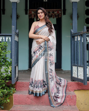 Floral digital printed linen cotton saree - 44091